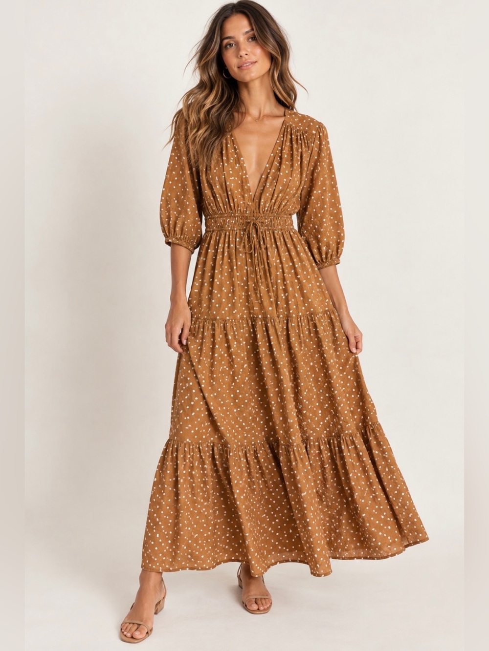 Significant Other Polka Dot Maxi Dress US 6 Brown Tiered Boho Cottagecore